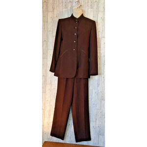 Kasper A.L.S. Petite Woman's Suit Size 4P Brown Jacket Pants Lined Pockets Trim